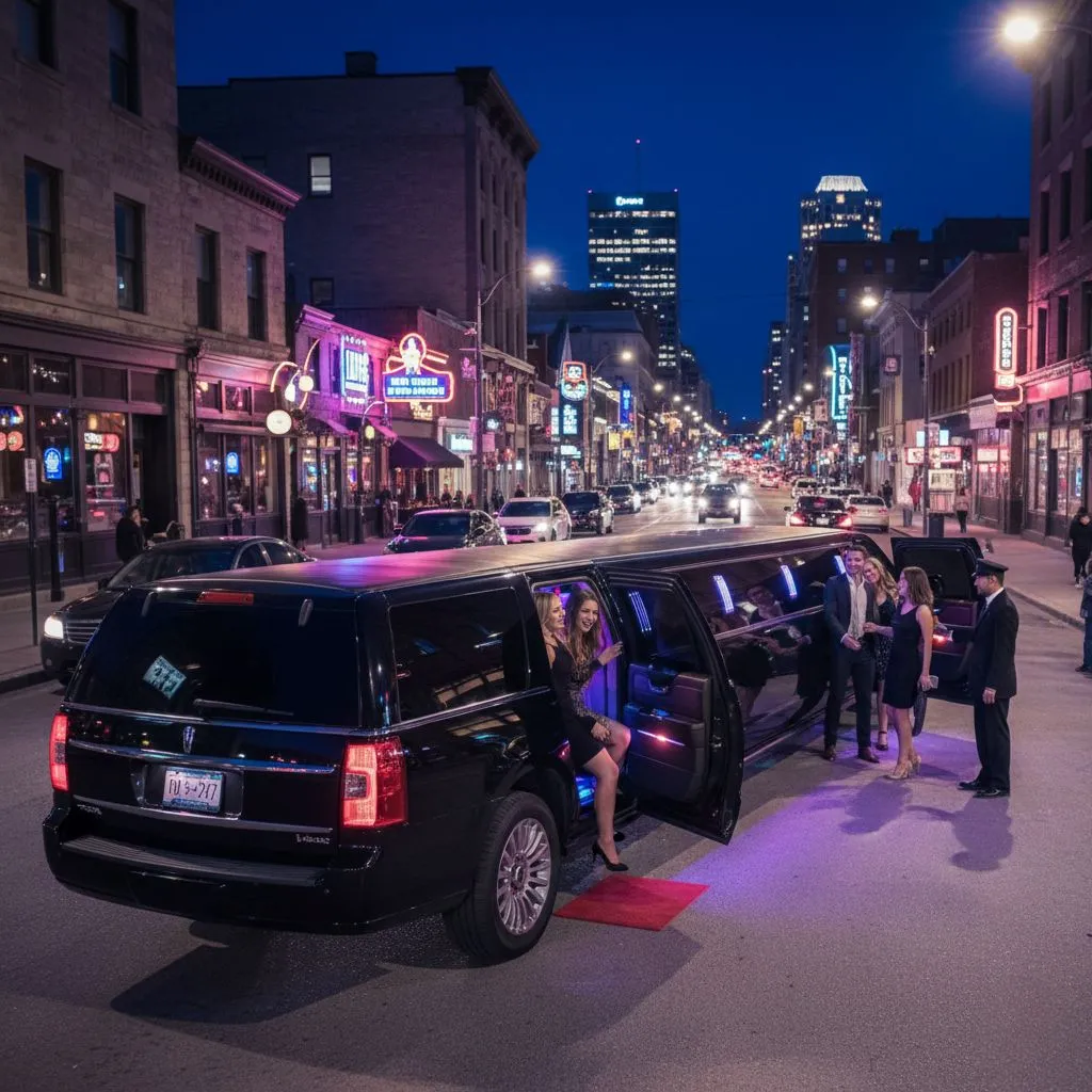A black stretch limousine parked outside a building entrance at night, with a chauffeur holding the door for a woman in a formal gown while a group of elegantly dressed people stand nearby.