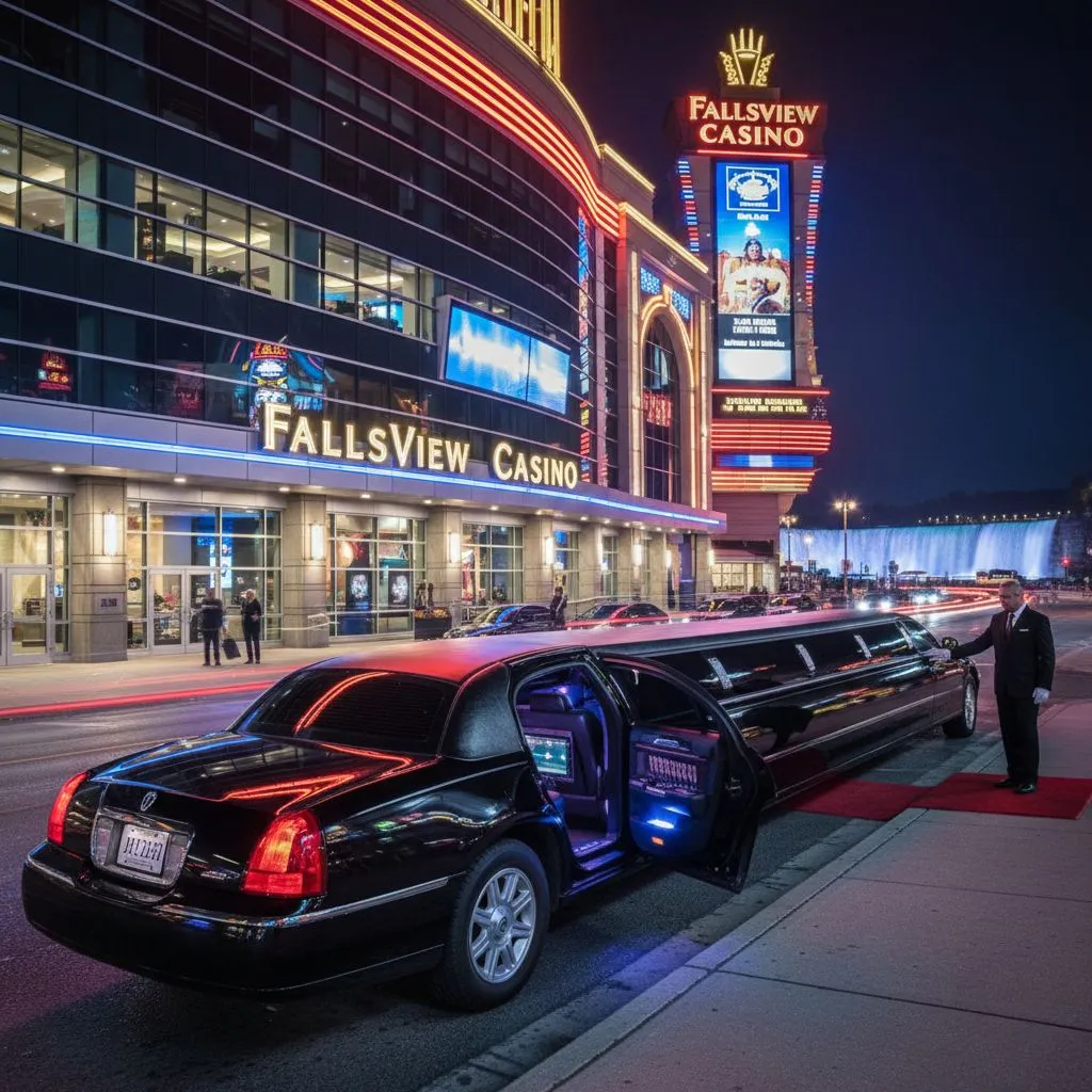A black stretch limousine with its doors open parked curbside, with a uniformed chauffeur standing on a red carpet in front of the brightly lit FallsView Casino at night.