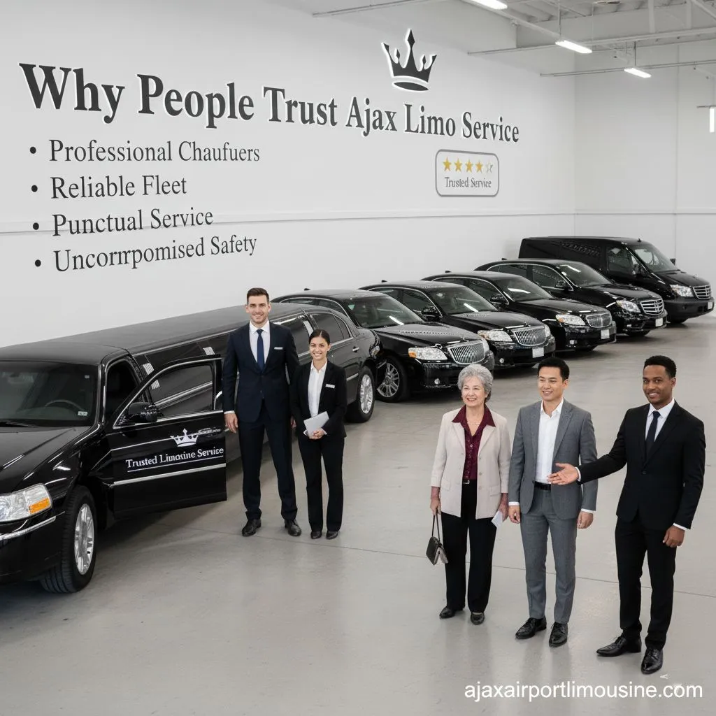 Trusted Limo Rental Service in Ajax featuring a professional male and female chauffeur standing in front of their reliable fleet of black stretch limousines and luxury sedans in the company garage