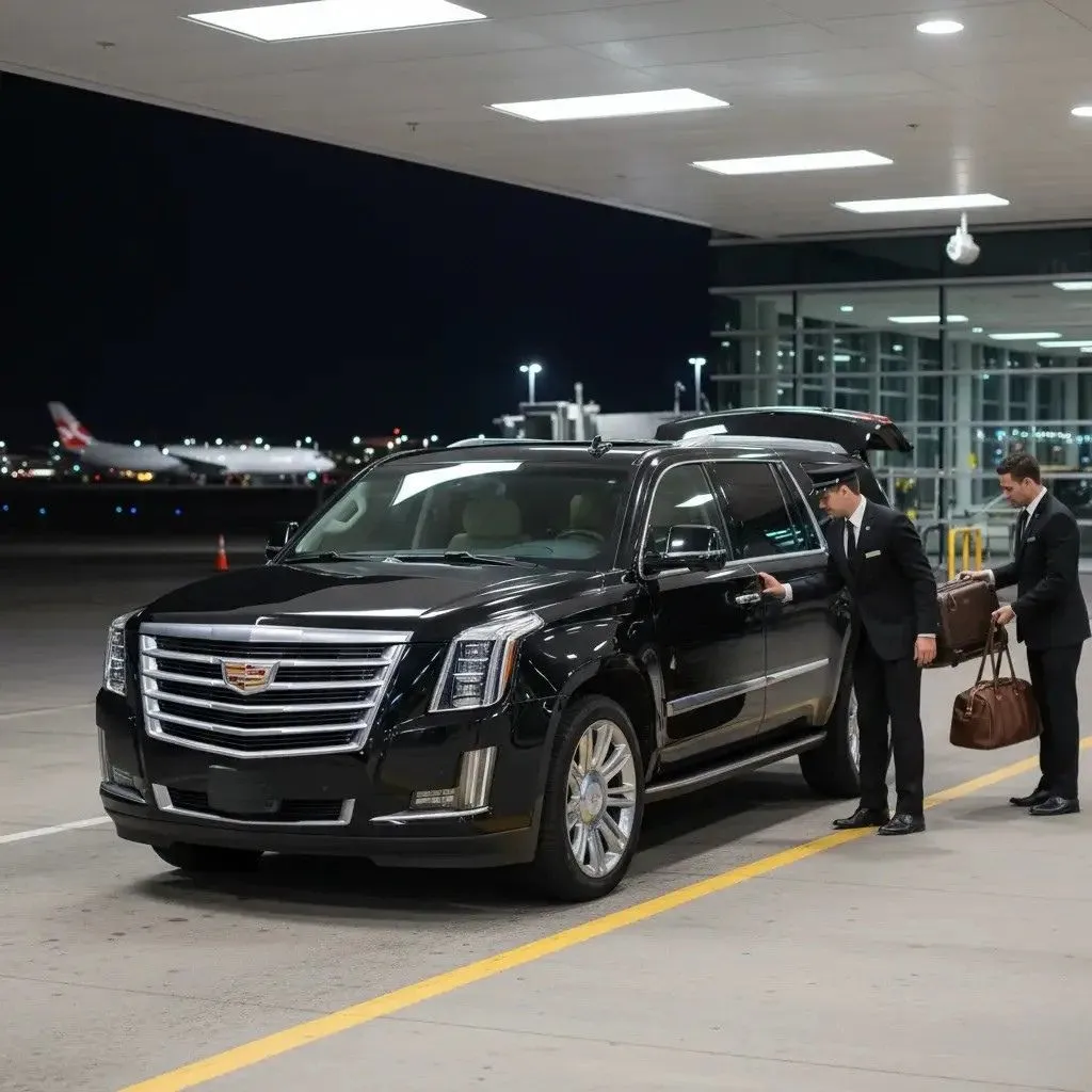 Reliable ajax limo service provides professional airport transfer in a black Cadillac Escalade, with a uniformed chauffeur assisting passengers with luggage outside the terminal at night.