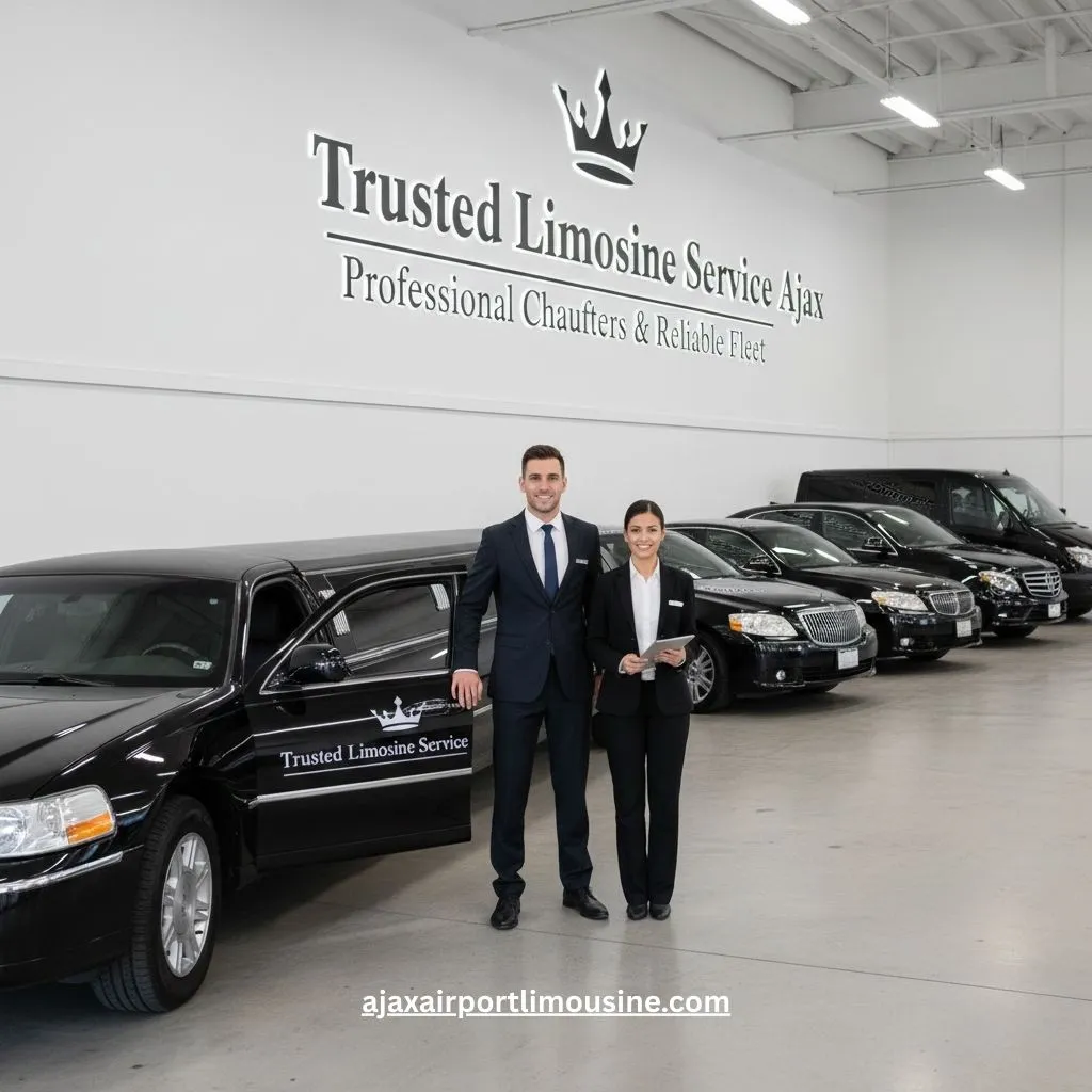 Trusted limousine service ajax showcasing their reliable fleet of black luxury sedans and stretch limos, with professional male and female chauffeurs standing in the clean garage.