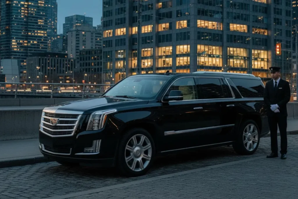 Luxury airport limo traveling from Ajax to Toronto Pearson Airport with professional chauffeur and passengers inside.Luxury airport limo traveling from Ajax to Toronto Pearson Airport with professional chauffeur and passengers inside.