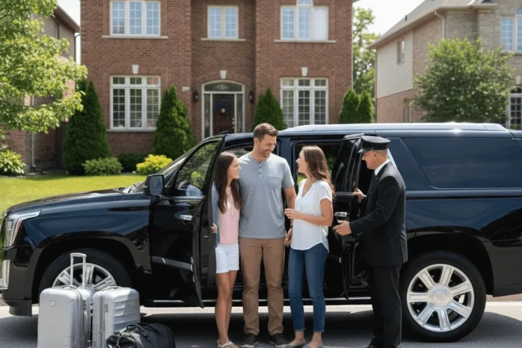 Professional limousine parked in Ajax with a chauffeur helping passengers, illustrating common limo booking mistakes to avoid.