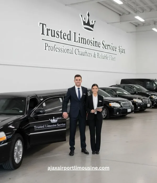 Trusted limousine service ajax showcasing their reliable fleet of black luxury sedans and stretch limos, with professional male and female chauffeurs standing in the clean garage.